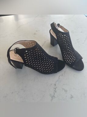 Unisa Black Laser-Cut Open-Toe Block Heel Slingbacks